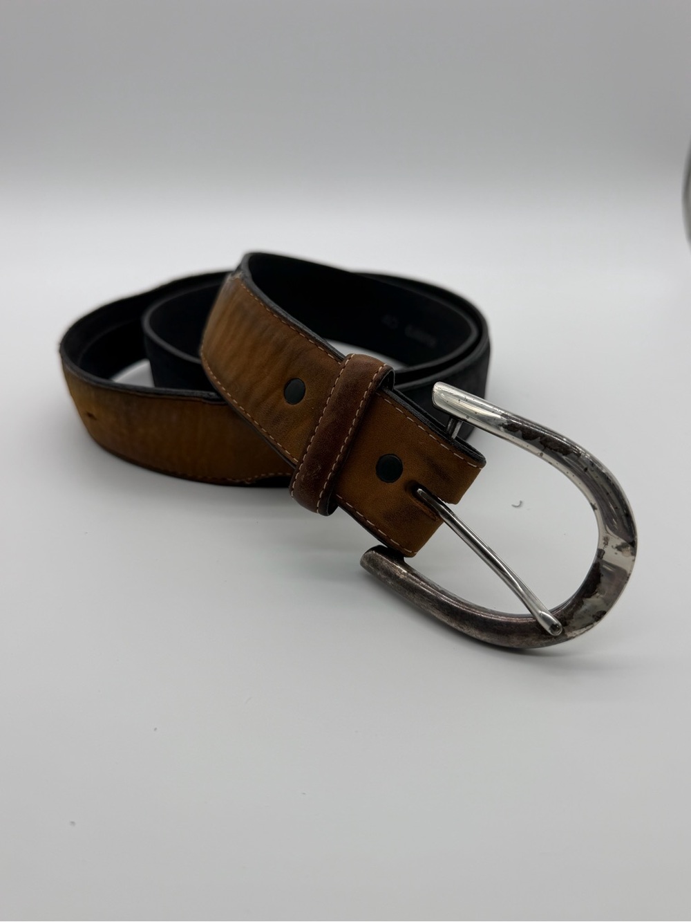 Brighton Men’s Cognac Brown Leather Belt with Distressed Silver Buckle